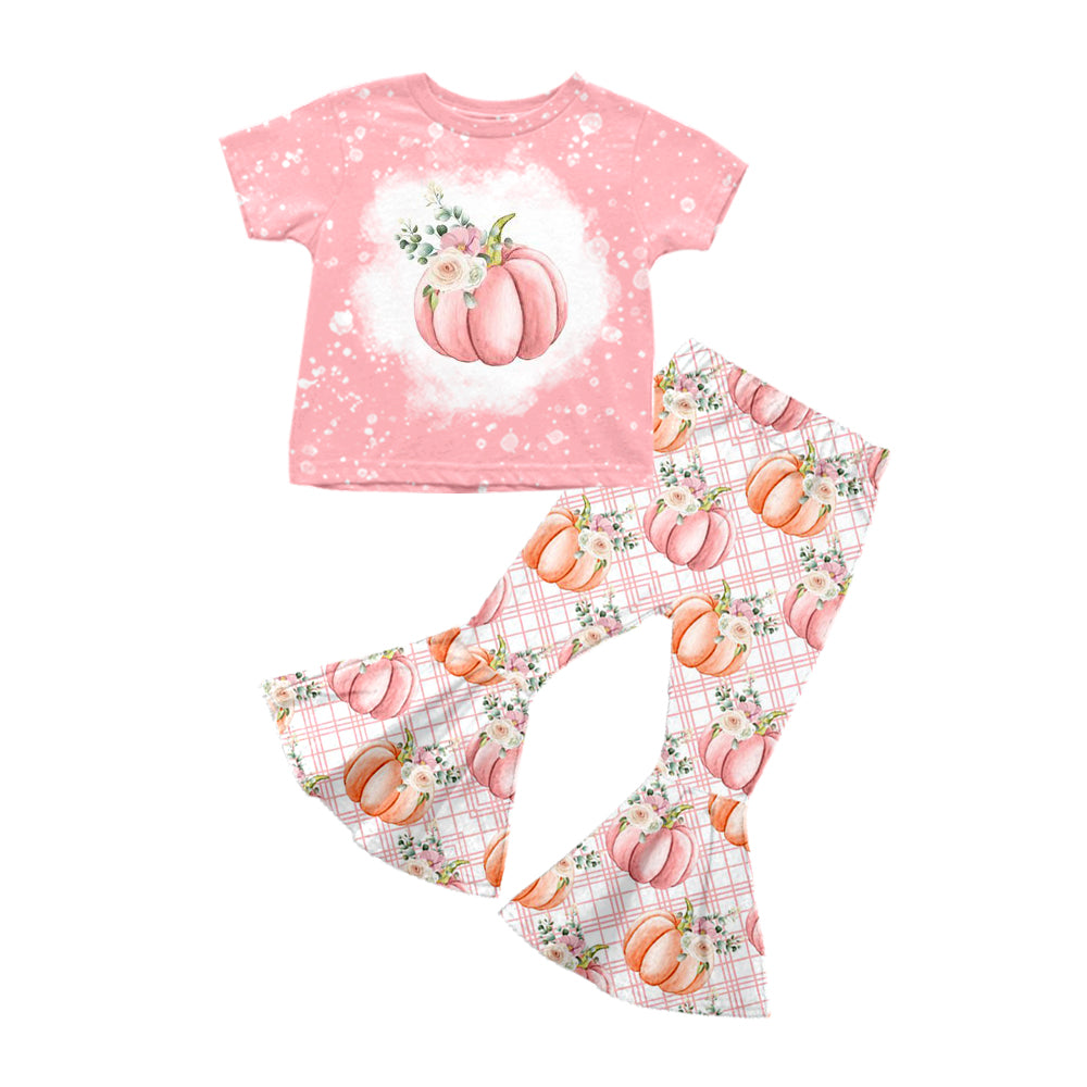 Baby Girls Pink Pumpkin Short Sleeve Shirt Top Flowers Bell Pants Clothes Sets preorder(moq 5)