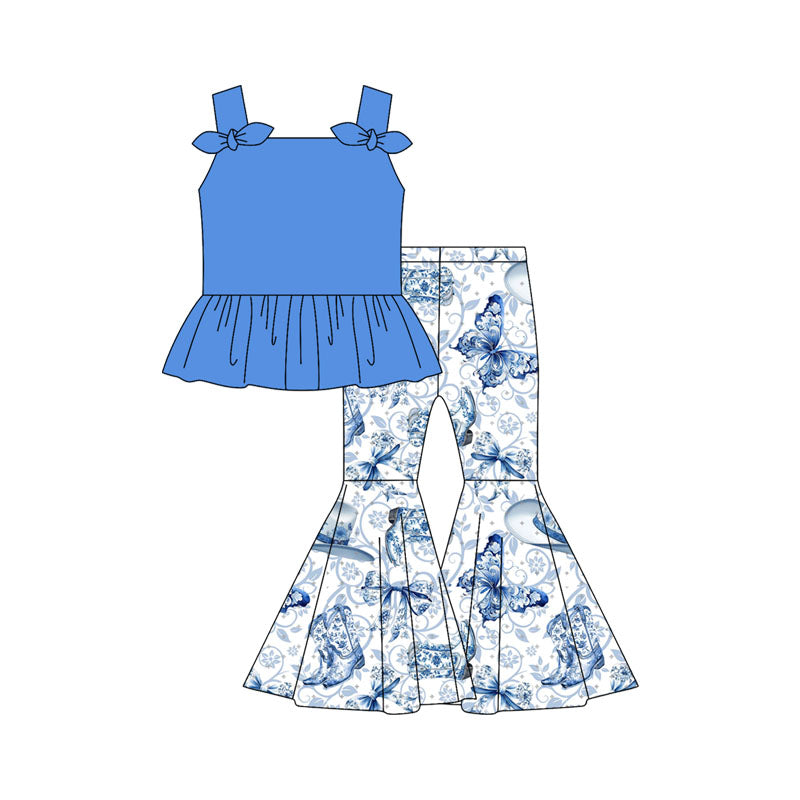 Preorder moq 5 Baby Girls Hot Blue Strap Bows Tunic Floral Butterfly Bell Bottom Pants Set
