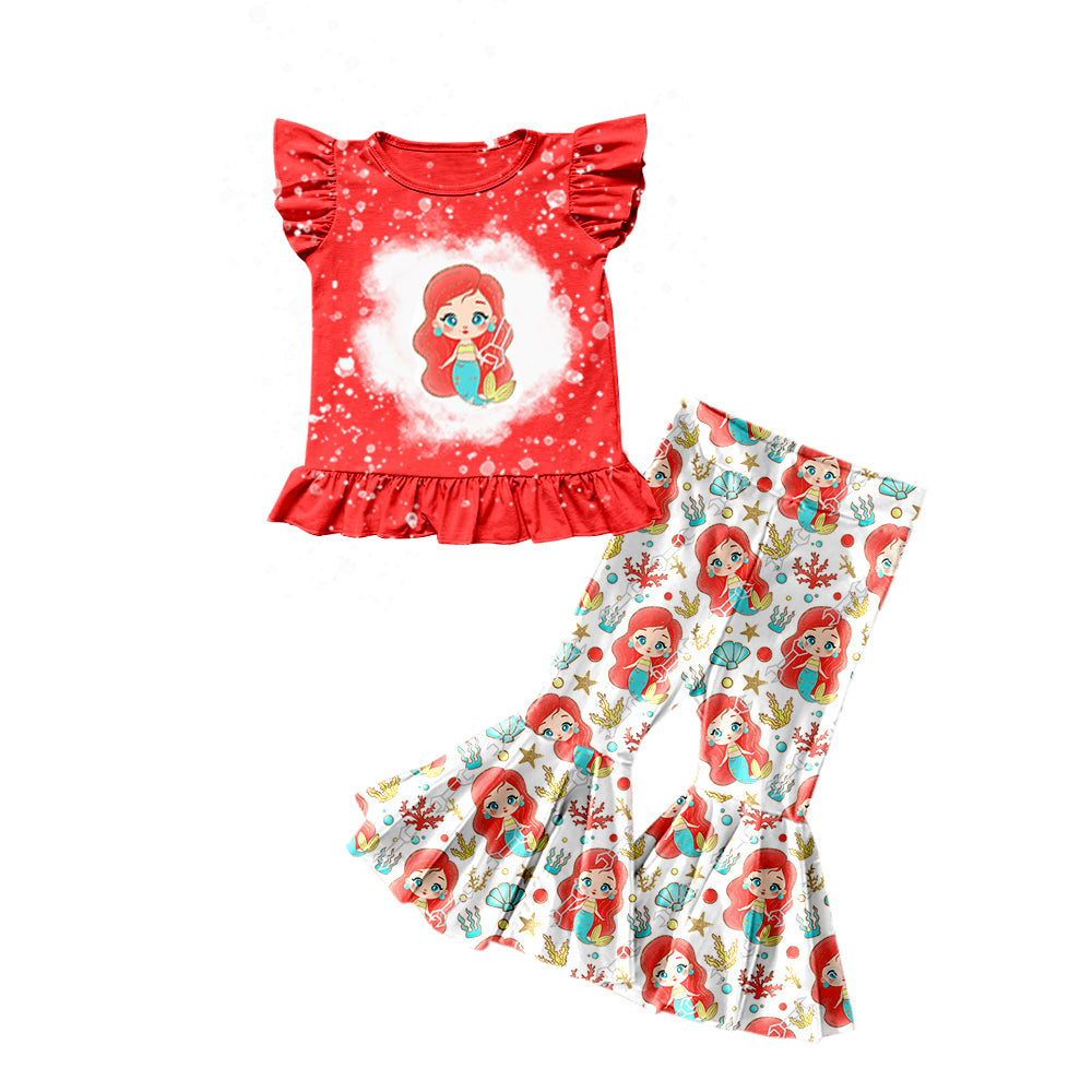 Baby Girls Princess Mermaid Flutter Sleeve Shirts Bell Pants Clothes Sets preorder(moq 5)