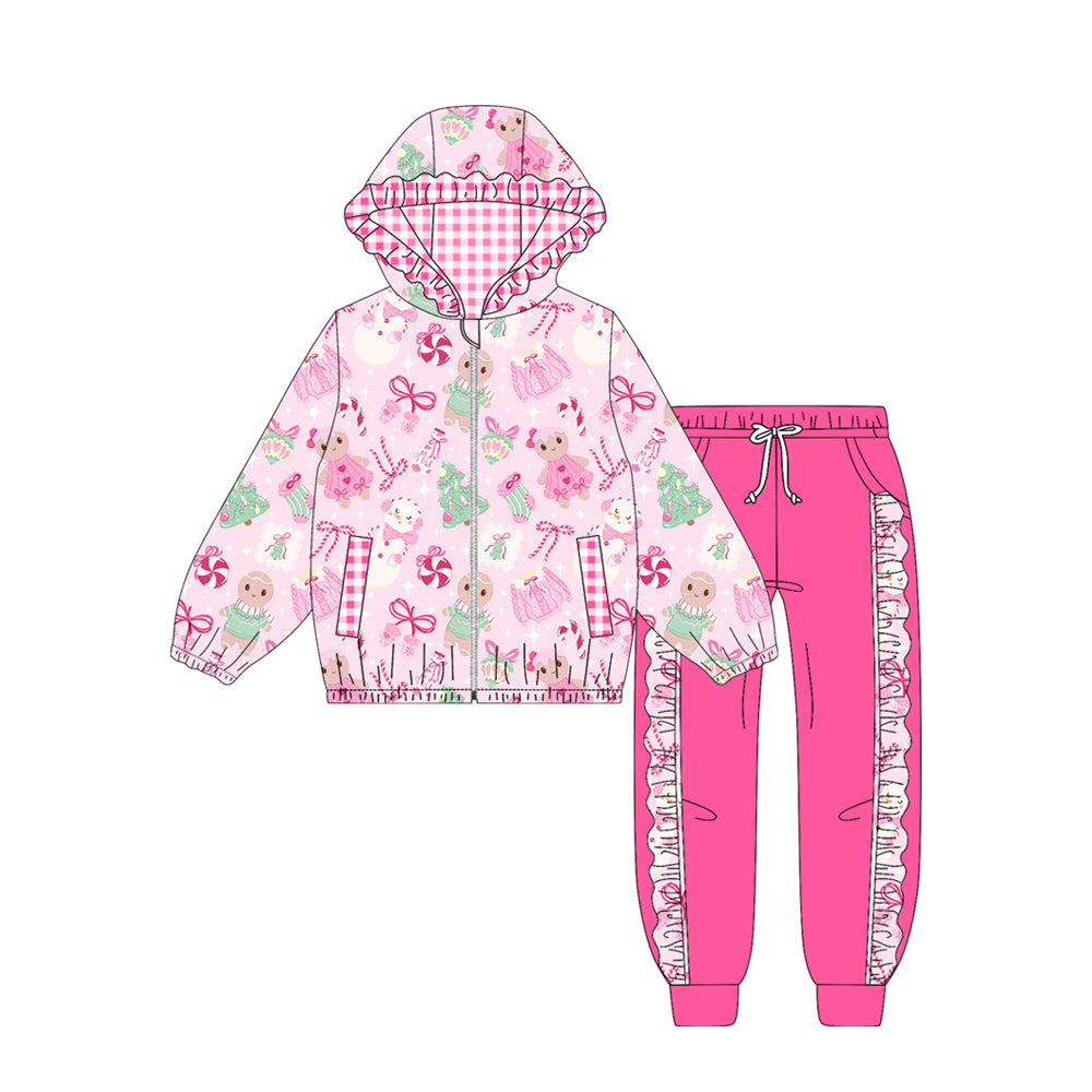 Preorder (moq 5)Baby Girls Pink Snowmen Trees Pockets Zipper Hoodie Jackets Jogger Christmas Clothes Sets