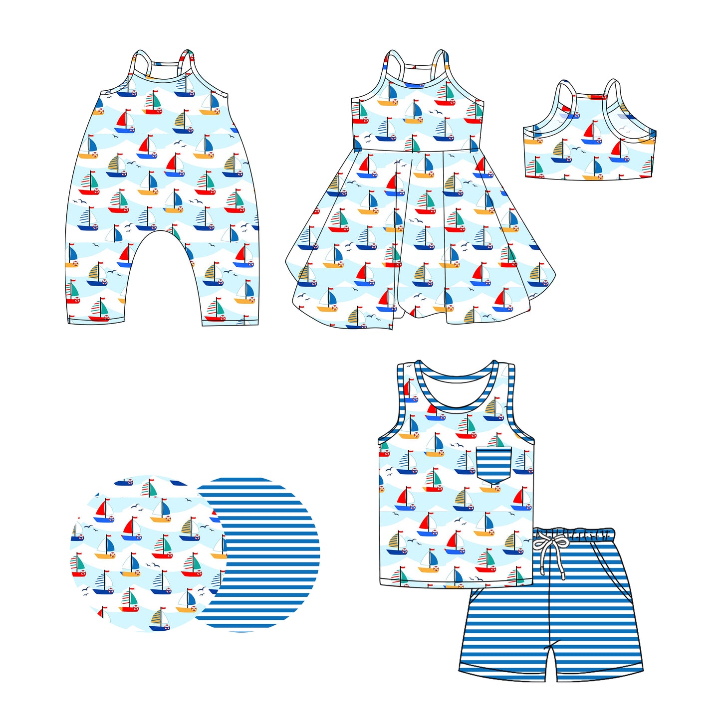 Preorder moq 5 Custom Baby Girls Sleeveless Colorful Boats Top Stripe Pockets Short Set Strap Knee Length Dress Rompers