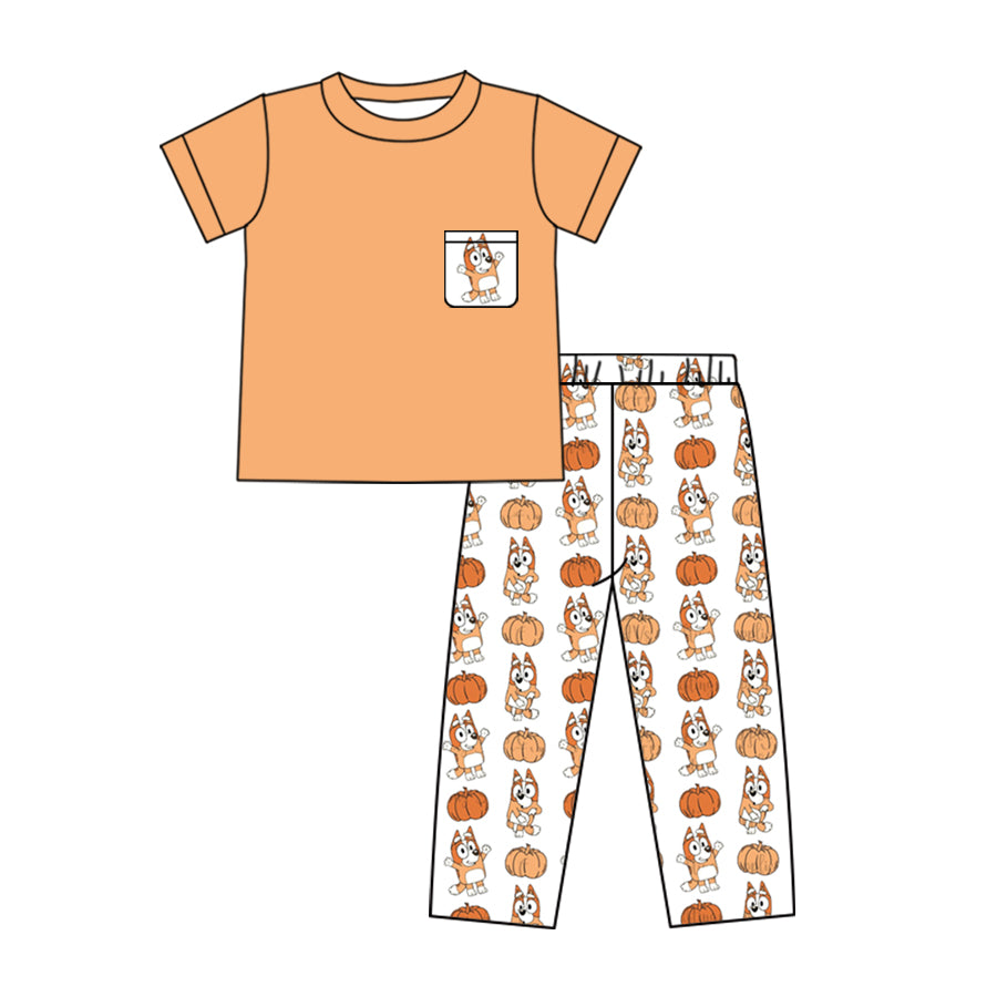 Baby Boys Orange Pumpkin Dog Shirt Top Pants Clothes Sets preorder(moq 5)