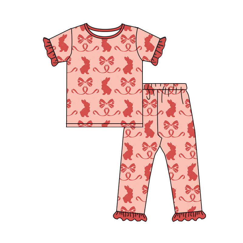 Preorder (moq 5)Baby Girls Red Bows Rabbits Top Ruffle Pants Easter Pajamas Sets