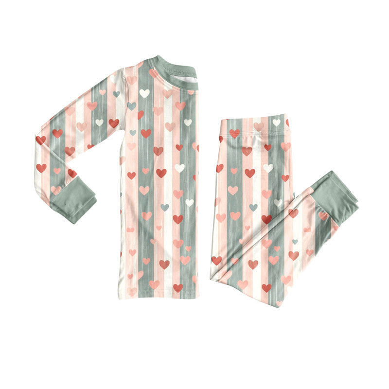 Preorder(moq 5) Baby Girls Pink Aqua Stripes Hearts Top Pant Valentine Pajamas Sets