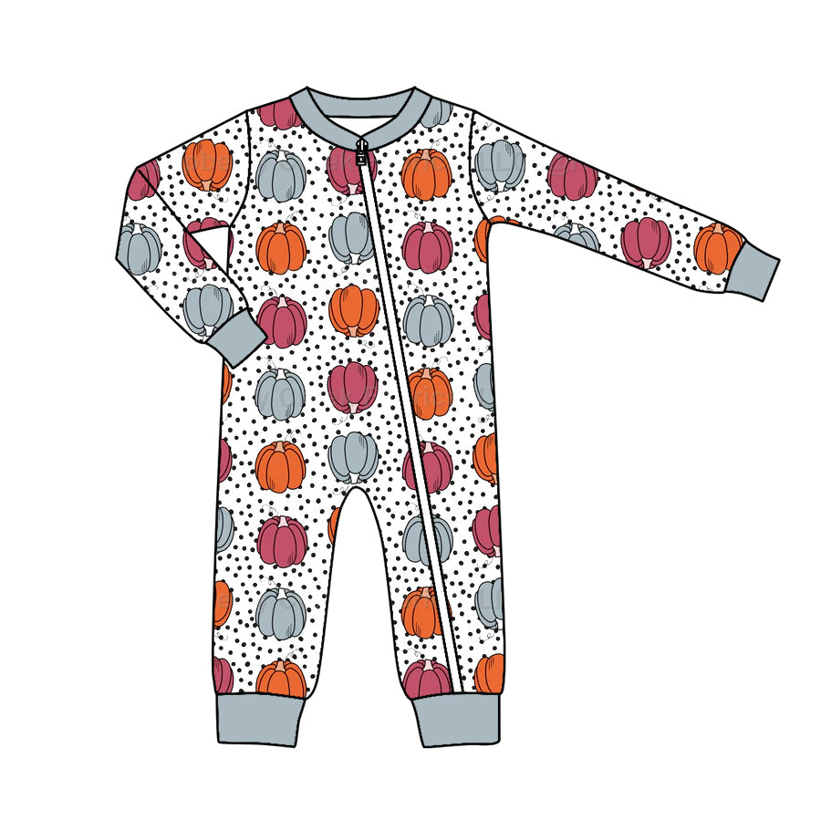 Preorder (moq 5)Baby Boys Pumpkins Polka Dots Fall Two Way Zip Convertible Rompers