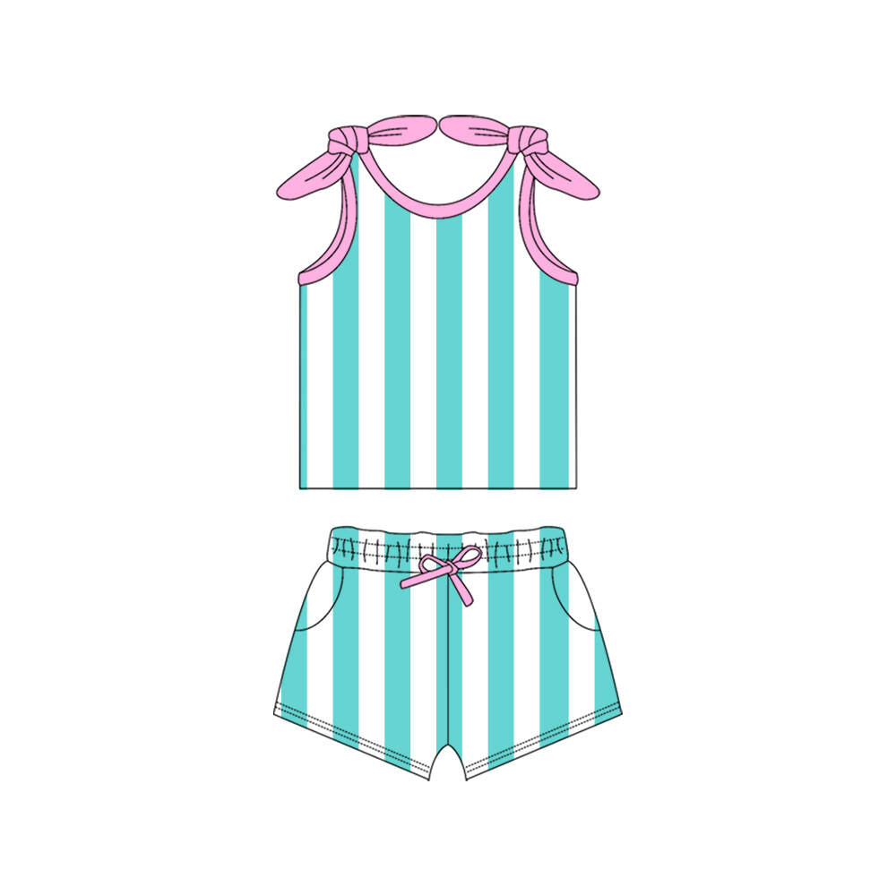 Preorder (moq 5)Baby Girls Green Stripes Bow Shirt Shorts Clothes Sets