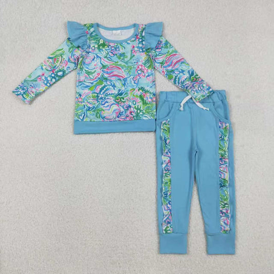 Sibling Baby Girls Watercolor Floral Top Pockets Ruffle Jogger Pants Clothes Sets