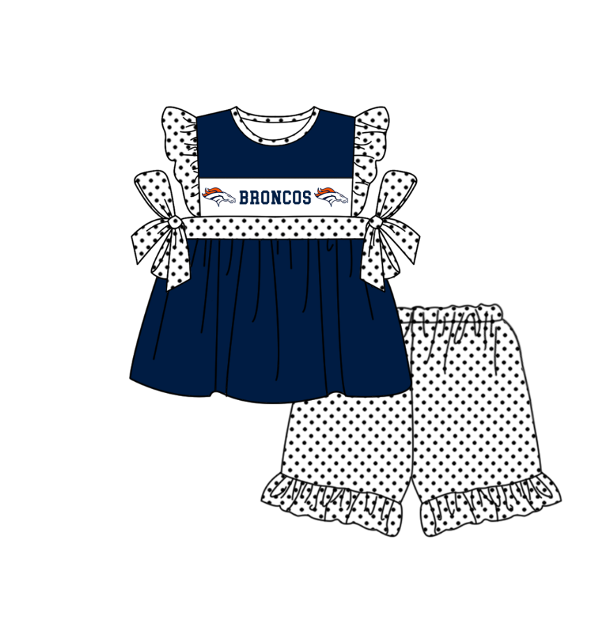 Preorder (moq 5)Baby Girls Flutter Sleeve Broncos Tunic Polka Dots Ruffle Shorts Team Clothes Sets