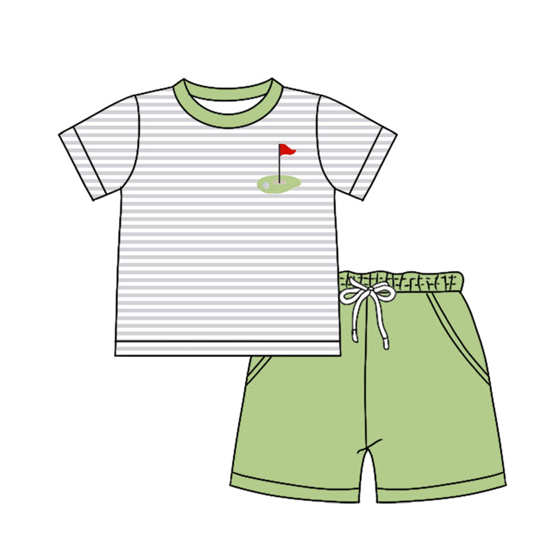 Preorder (moq 5)Baby Boys Stripes Golf Shirts Green Pockets Shorts Clothes Sets