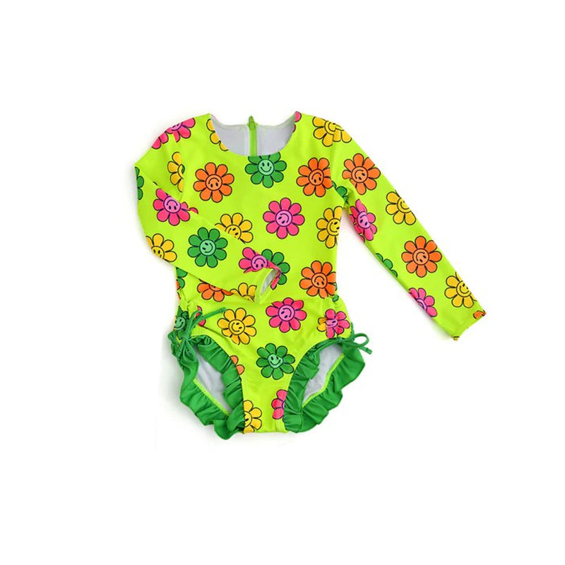 Baby Girls Green Flowers Long Sleeve Ruffles One Piece Swimsuits Preorder(moq 5)