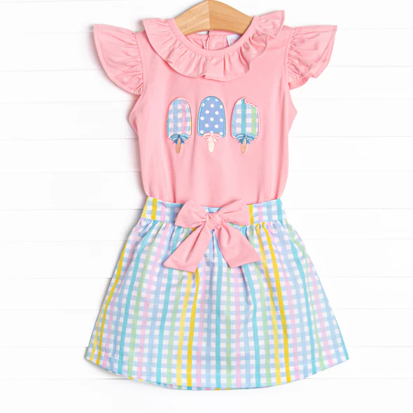 Preorder moq 5 Baby Girls Pink Flutter Sleeves Popsicle Tunic Plaid Skirts Set