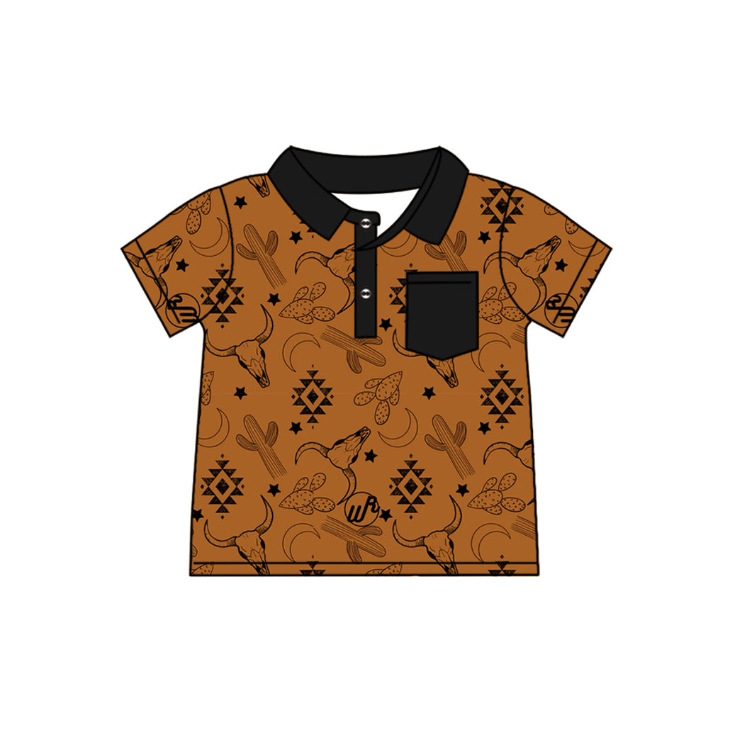 Preorder (moq 5)Baby Boys Aztec Cow Short Sleeve Buttons Tee Shirts Tops