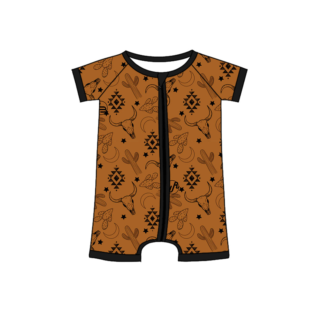 Preorder(moq 5)Baby Infant Boys Aztec Cow Zip Short Sleeve Rompers