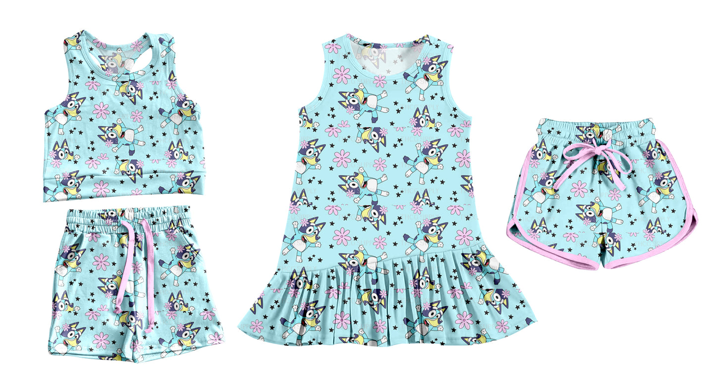 Preorder moq 5 Custom Baby Girls Blue Sleeveless Cartoon Dogs Top Pocket Short Set Knee Length Dress Sport Shorts