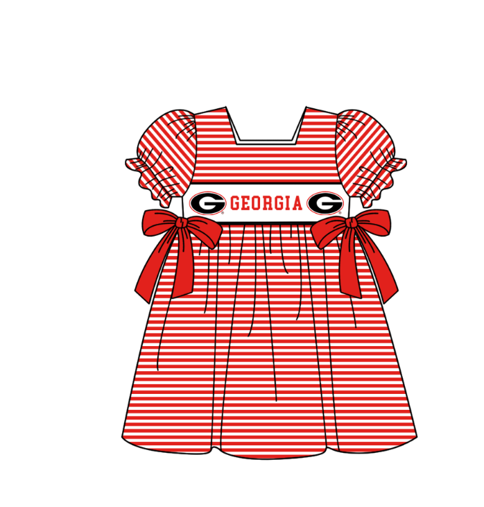 Preorder (moq 5)Baby Girls Short Ruffle Sleeve Red Stripe Georgia Team Knee Length Dress
