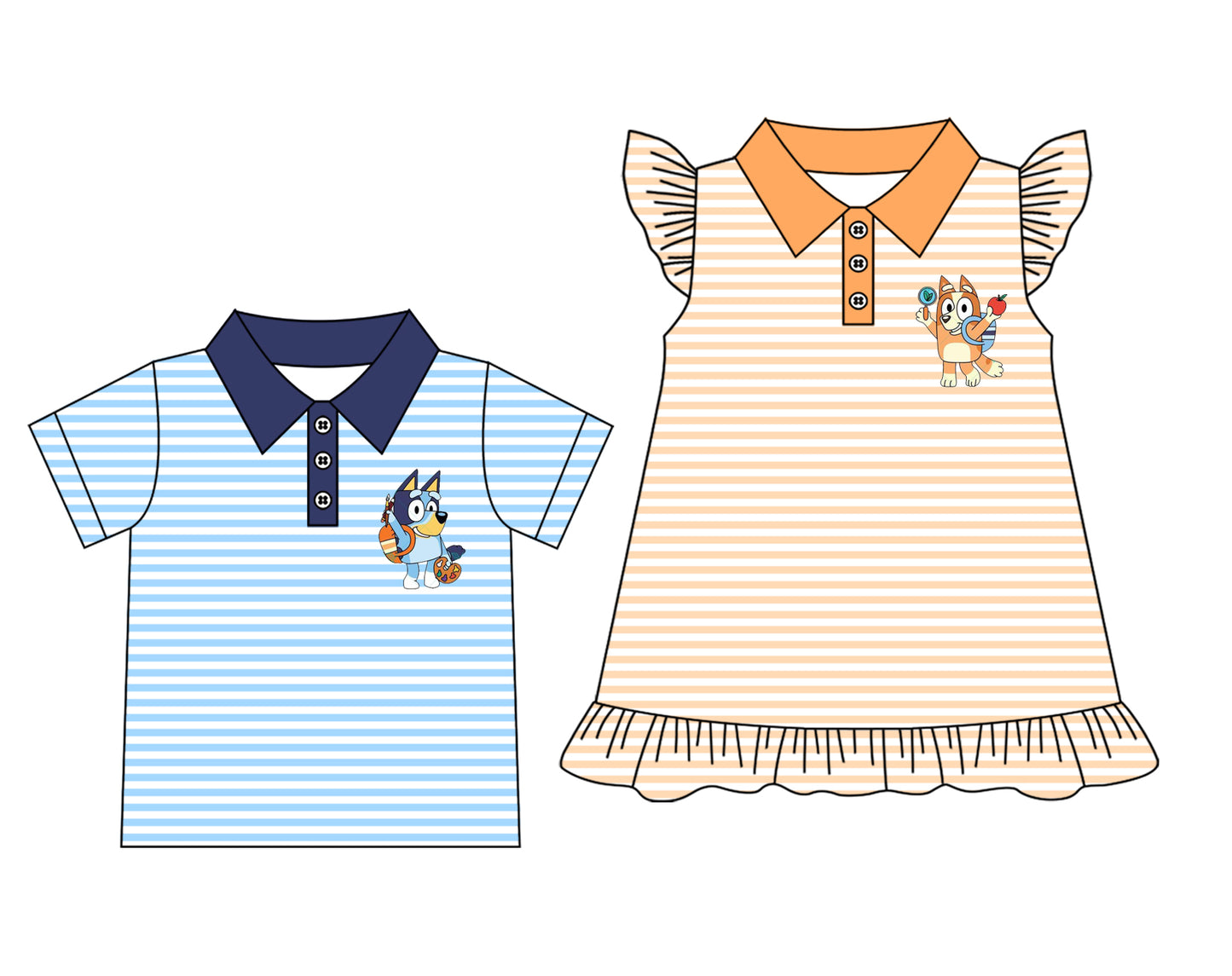 Preorder moq 5 Custom Baby Kids Short Sleeves Stripe Button Cartoon Dogs Shirts Top Dresses