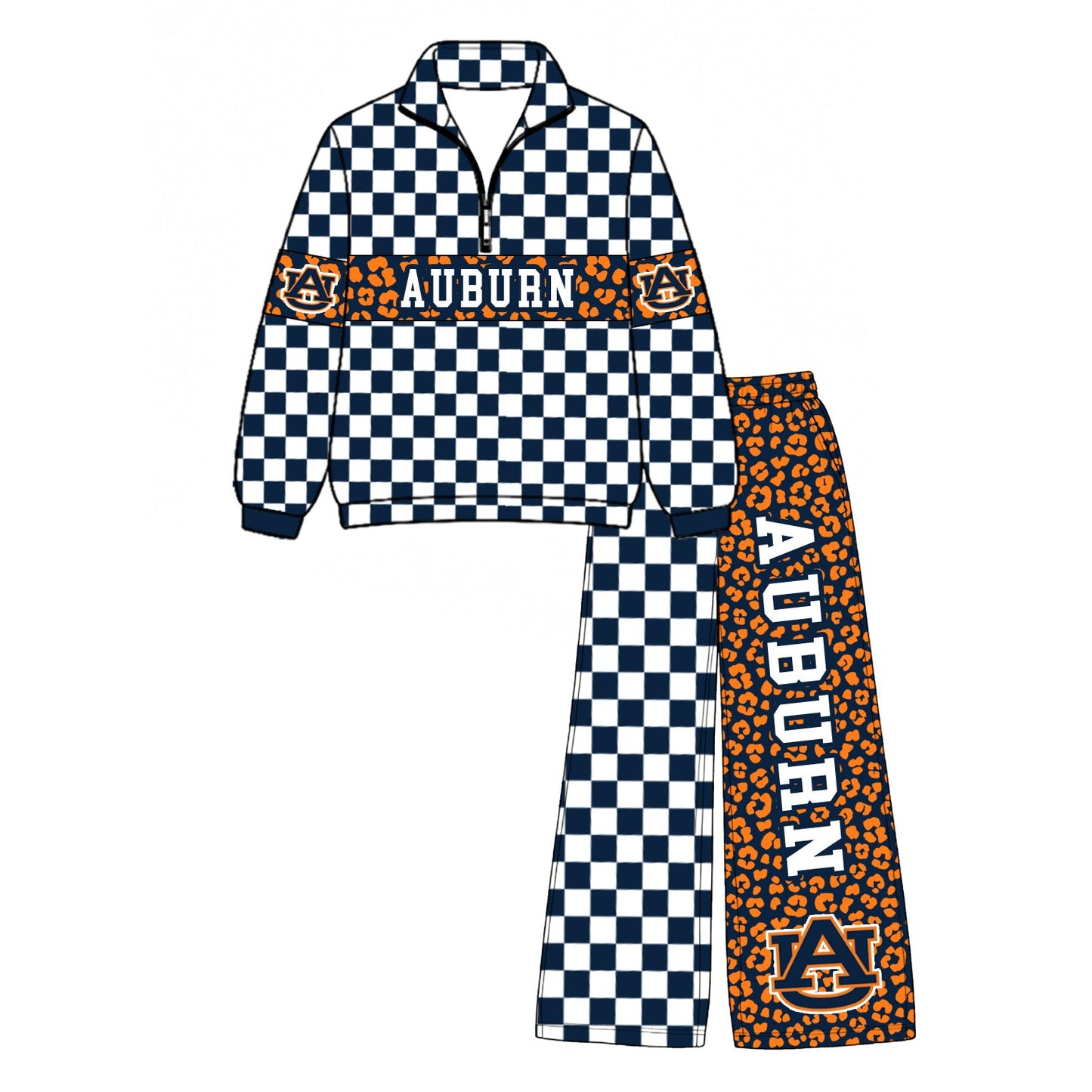 Preorder(moq 5)Baby Boys Navy Checked Leopard Auburn Zip Pullover Pockets Pants Team Clothes Sets
