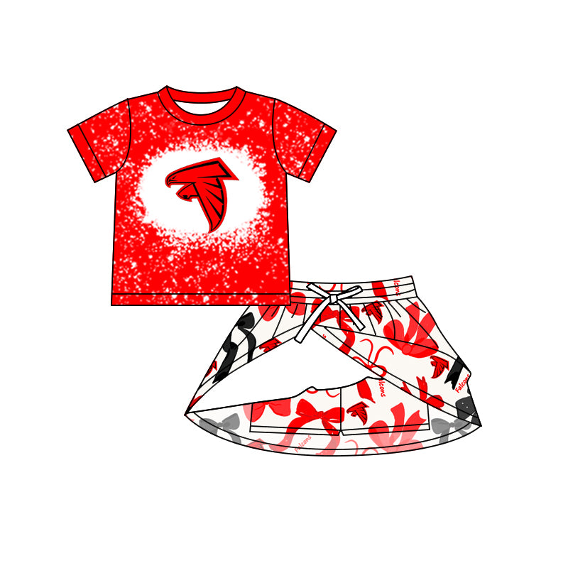 Preorder (moq 5)Baby Girls Red Bird Team Top Bows Plaid Skorts Team Set