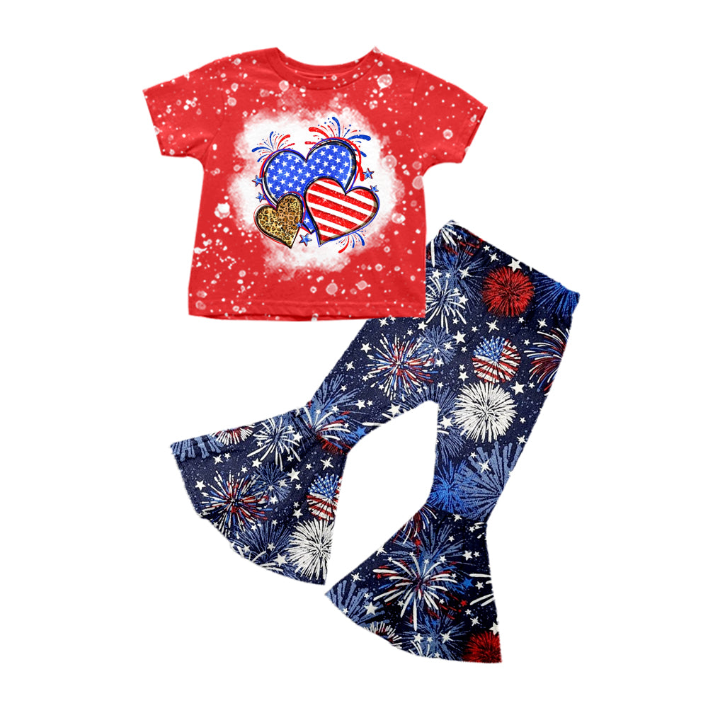 Baby Girls Red Hearts Short Sleeve Top Fireworks Bell Pants Clothes Sets preorder(moq 5)