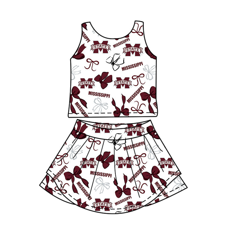 Preorder (moq 5)Baby Girls Sleeveless M State Bows Top Skirt Shorts Team Clothes Sets
