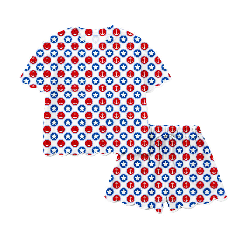 Preorder (moq 5)Baby Girls Red Blue Stars Boats Top Scallop Shorts 4th of July Clothes Sets