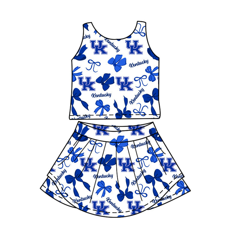 Preorder (moq 5)Baby Girls Sleeveless Blue UK Bows Top Skirt Shorts Team Clothes Sets