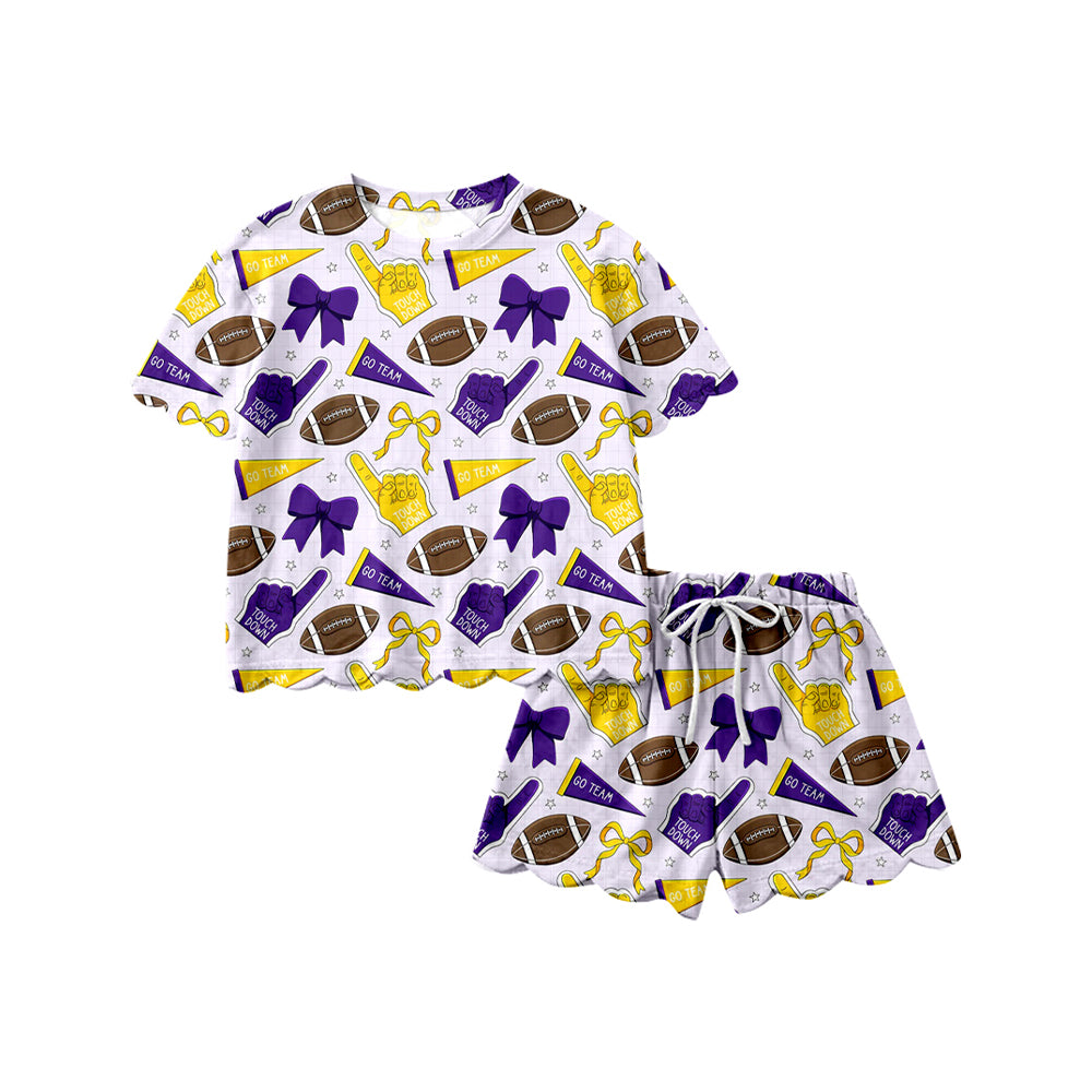 Preorder (moq 5)Baby Girls Bows Footballs Top Scallop Shorts Team Clothes Sets