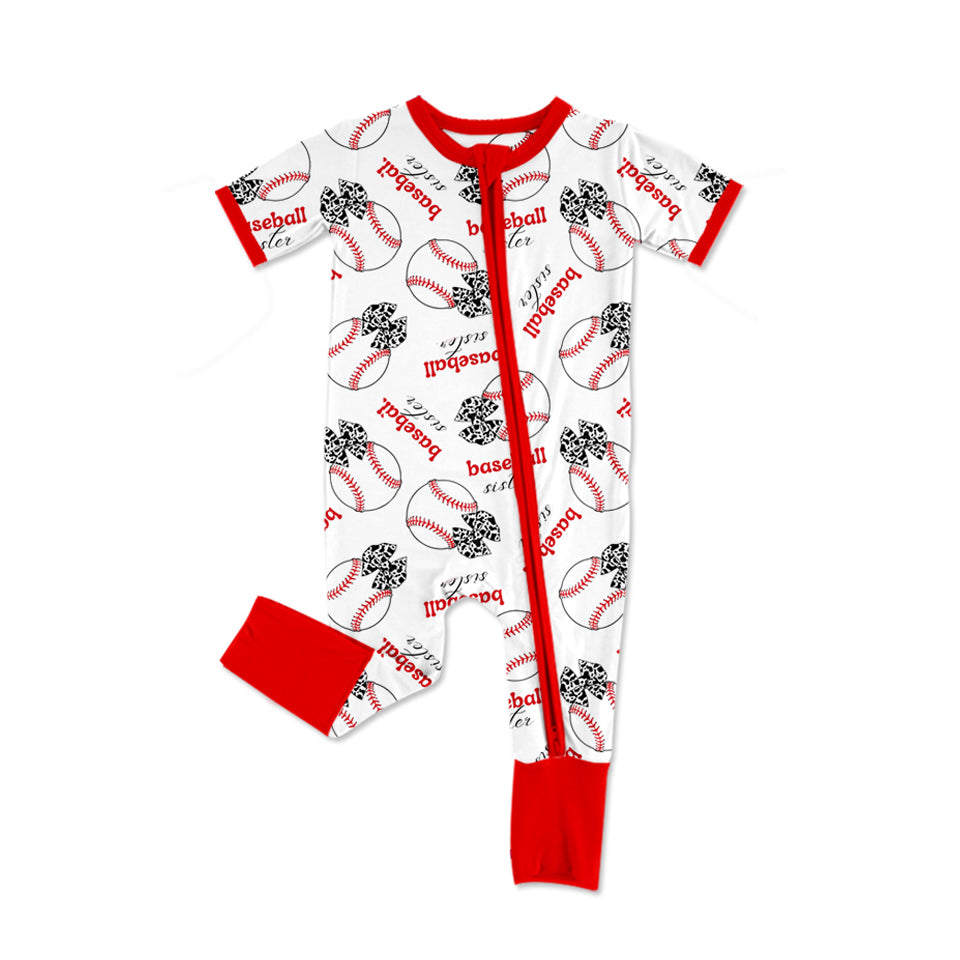 Preorder(moq 5)Baby Infant Girls Baseball Bows Sisters Zip Short Sleeve Rompers