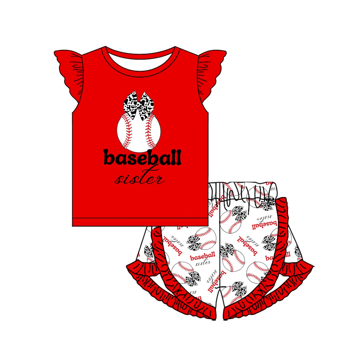 Preorder (moq 5)Baby Girls Baseball Bows Sisters Top Ruffle Shorts Clothes Sets