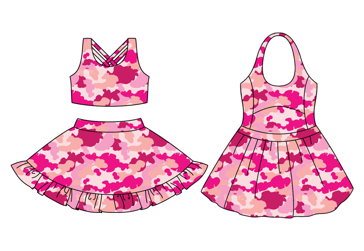 Preorder moq 5 Custom Baby Girls Pink Camo Top Ruffle Skirts Set Knee Length Dresses