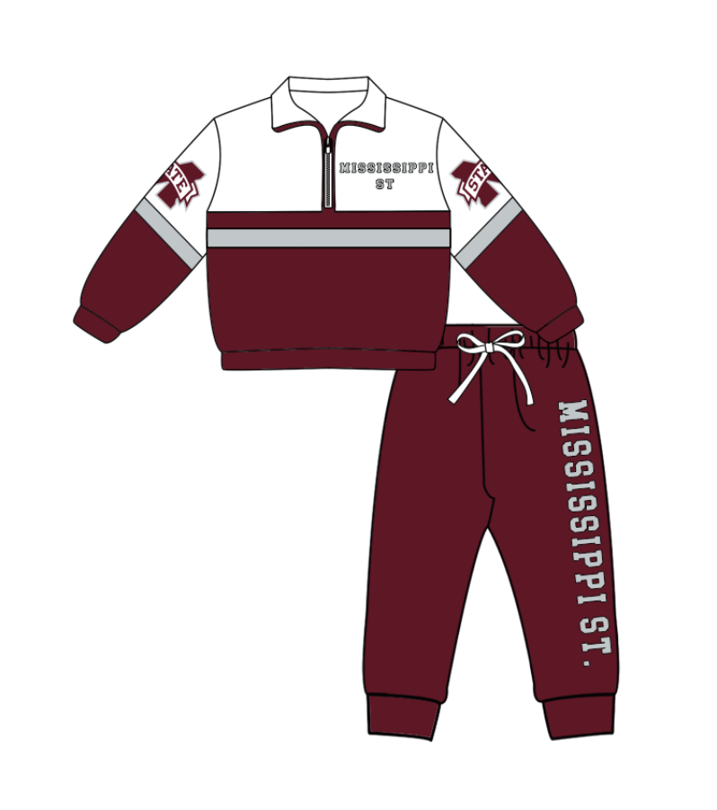 Preorder (moq 5)Baby Boys Mississippi St Zipper Pullover Jogger Pants Team Clothes Set
