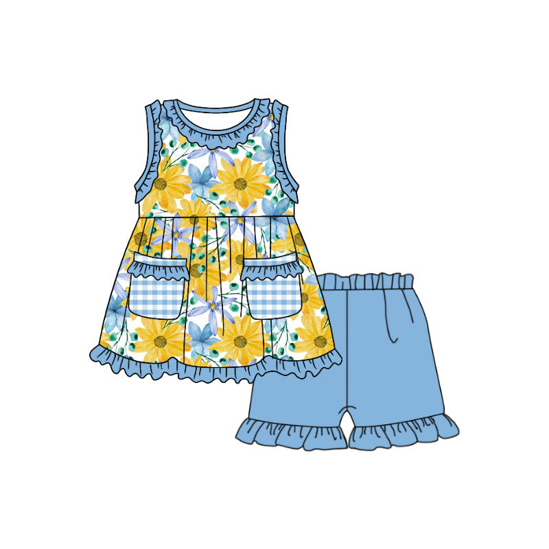 Baby Girls SunFlowers Pockets Top Ruffle Shorts Clothes Sets Preorder(moq 5)