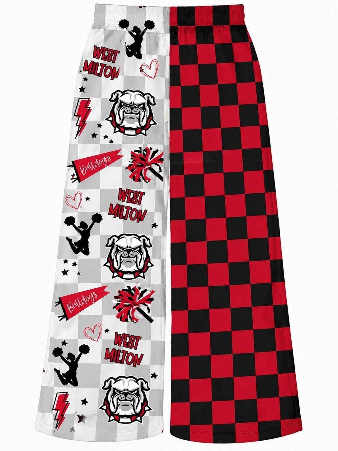 Preorder (moq 5)Baby Girls Red Checked Bulldogs Cheer Team Flare Pants Bottom