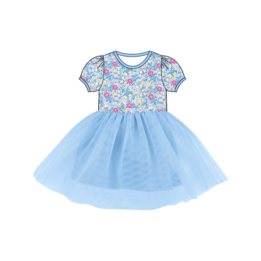 Preorder (moq 5)Baby Girls Short Sleeve Blue Flowers Tulle Knee Length Dresses