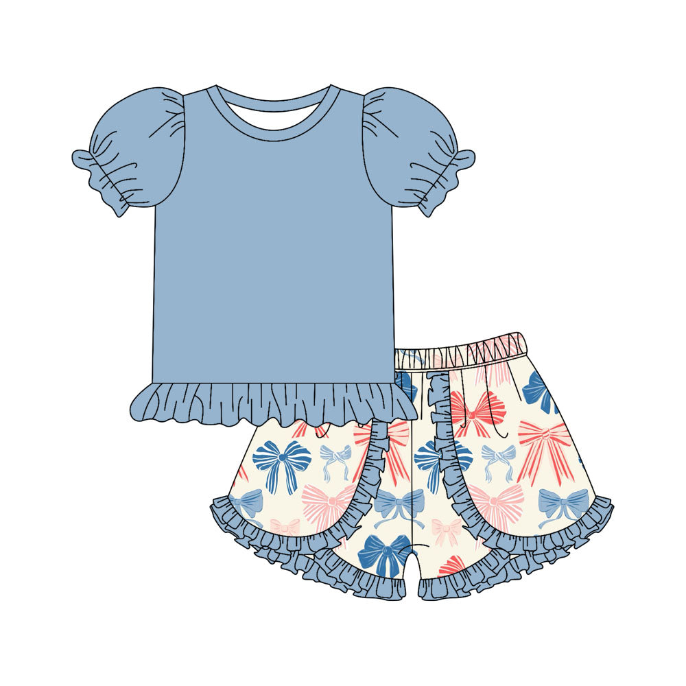 Preorder moq 5 Baby Girls Blue Short Ruffle Sleeves Tunic Bows Ruffle Short 4th Of July Set