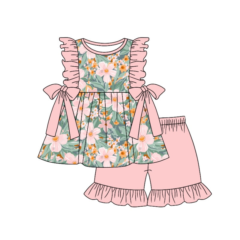Baby Girls Pink Flowers Bows Top Ruffle Shorts Clothes Sets Preorder(moq 5)