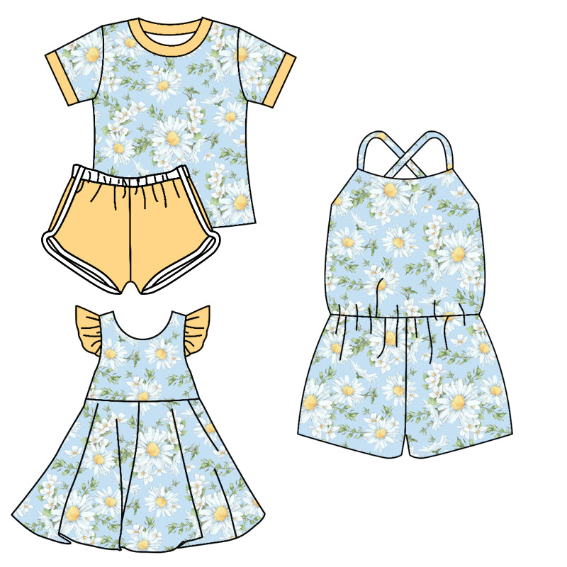 Preorder moq 5 Custom Baby Girls Yellow Short Sleeves Daisy Top Short Set Knee Length Dress Jumpsuits
