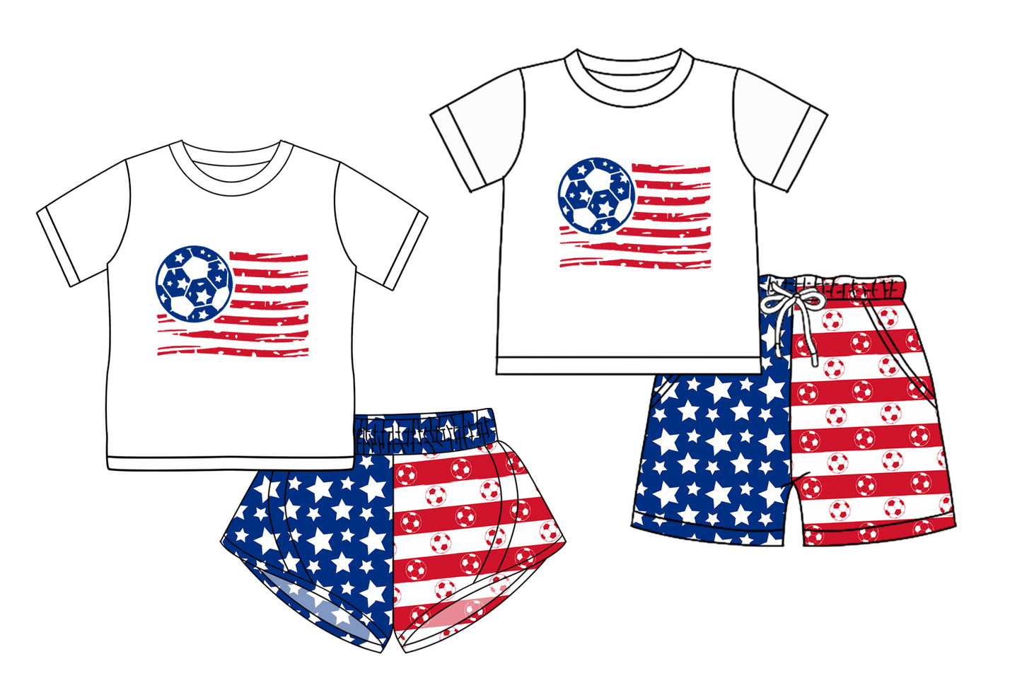 Preorder moq 5 Custom Baby Kids Short Sleeves Flag Footballs Top Pockets Short 4th Of July Sets