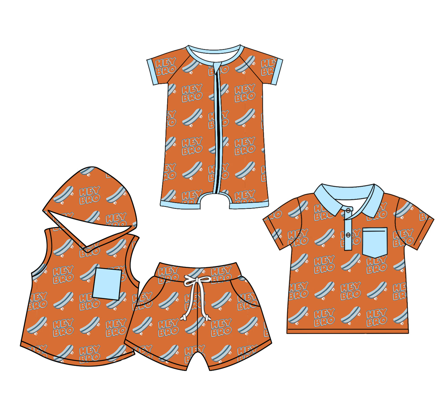 Preorder(moq 5 each)Sibling Baby Boys Hey Bro Zip Romper Hooded Shirts Shorts Sets