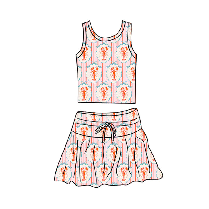 Preorder (moq 5)Baby Girls Pink Stripe Bow Crayfishes Vest Top Skirt Short Clothes Sets