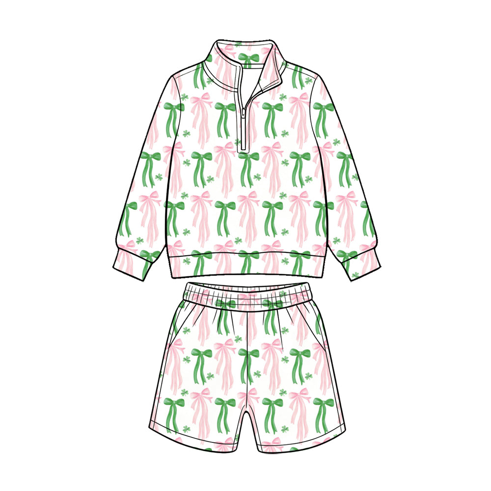 Preorder (moq 5) Baby Girl Clothes St Patrick Pink Green Long Bow Print Long Sleeve Quarter Zip Top Short Set