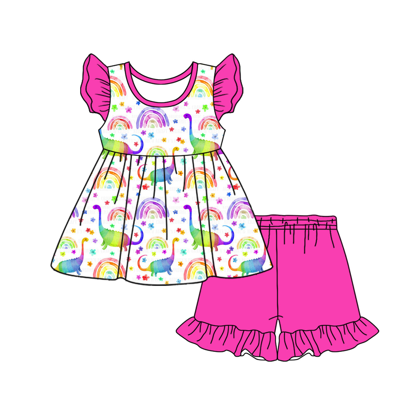 Preorder (moq 5)Baby Girls Colorful Dinosaur Rainbow Top Ruffle Shorts Clothes Sets