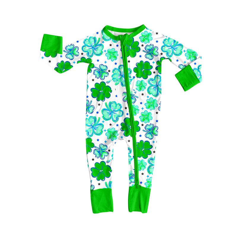 Preorder(moq 8)Baby Boys Green Clovers Plaid St Patrick Zipper Footie Rompers