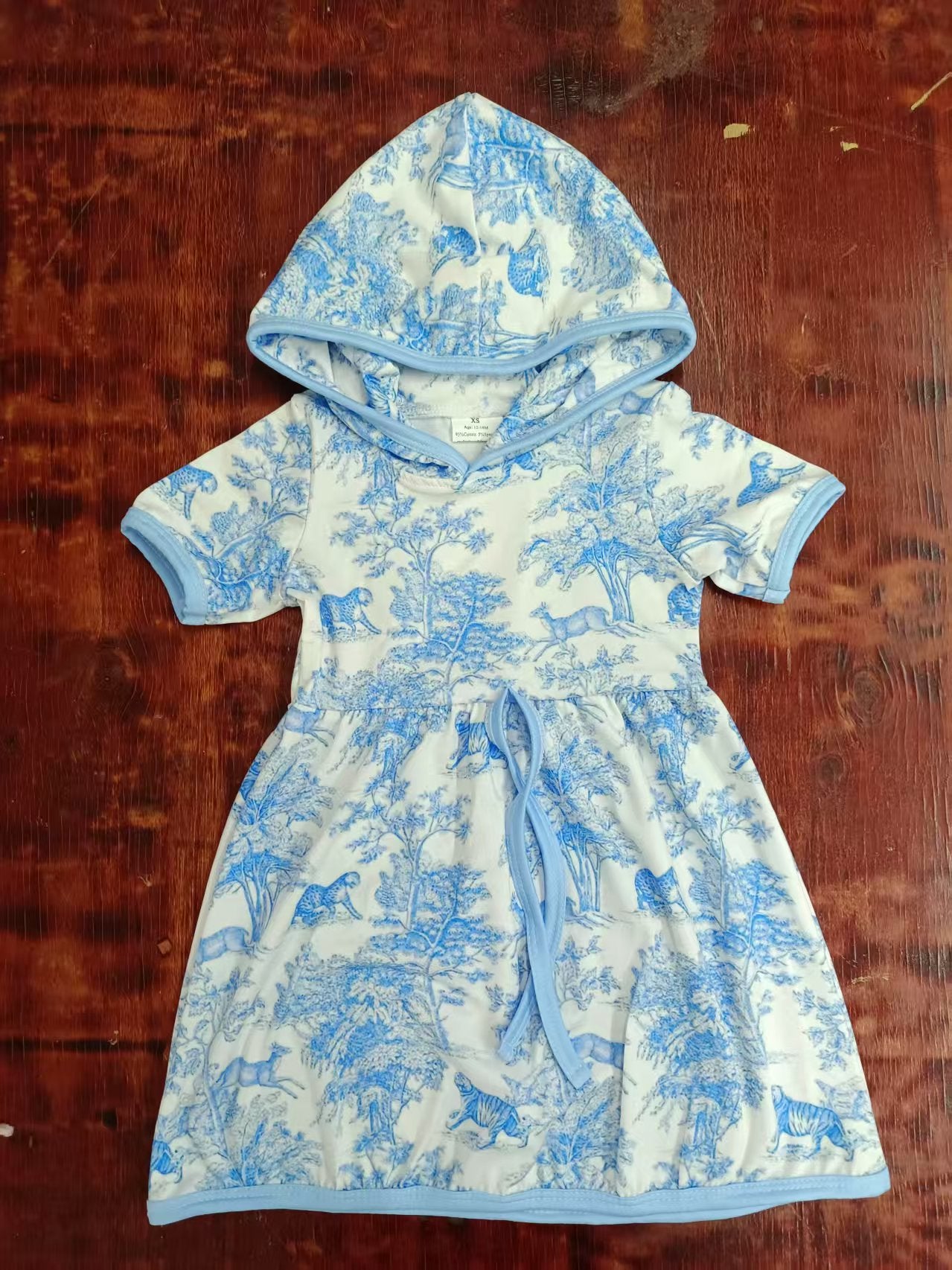 Preorder moq 5 Baby Girls Short Sleeves Forest Print Hoodie Knee Length Dress