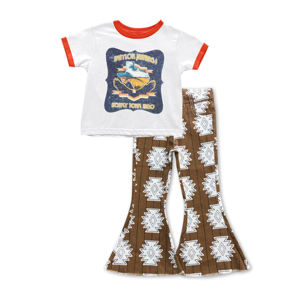 Baby Girls Western White Tee Shirts Tops Brown Aztec denim pants sets preorder(moq 5)