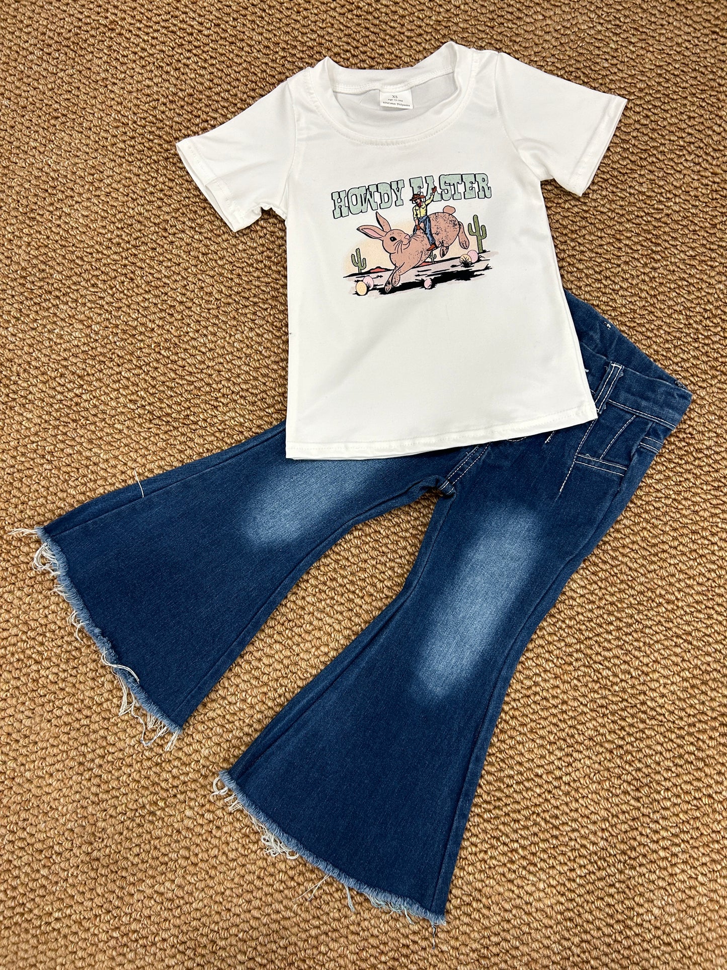 Baby Girls Howdy Easter Cowboy Shirt Bell Denim Pants Clothes Sets