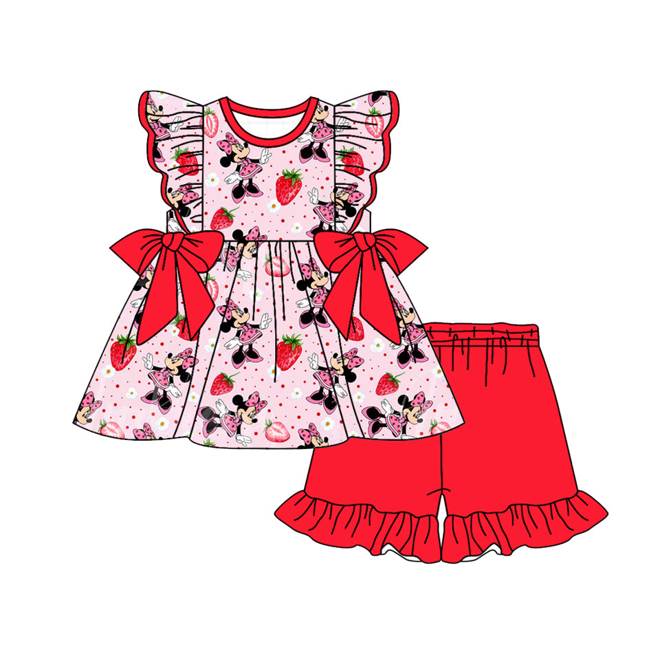 Preorder (moq 5)Baby Girls Red Cartoon Mouse Strawberry Top Ruffle Shorts Clothes Sets