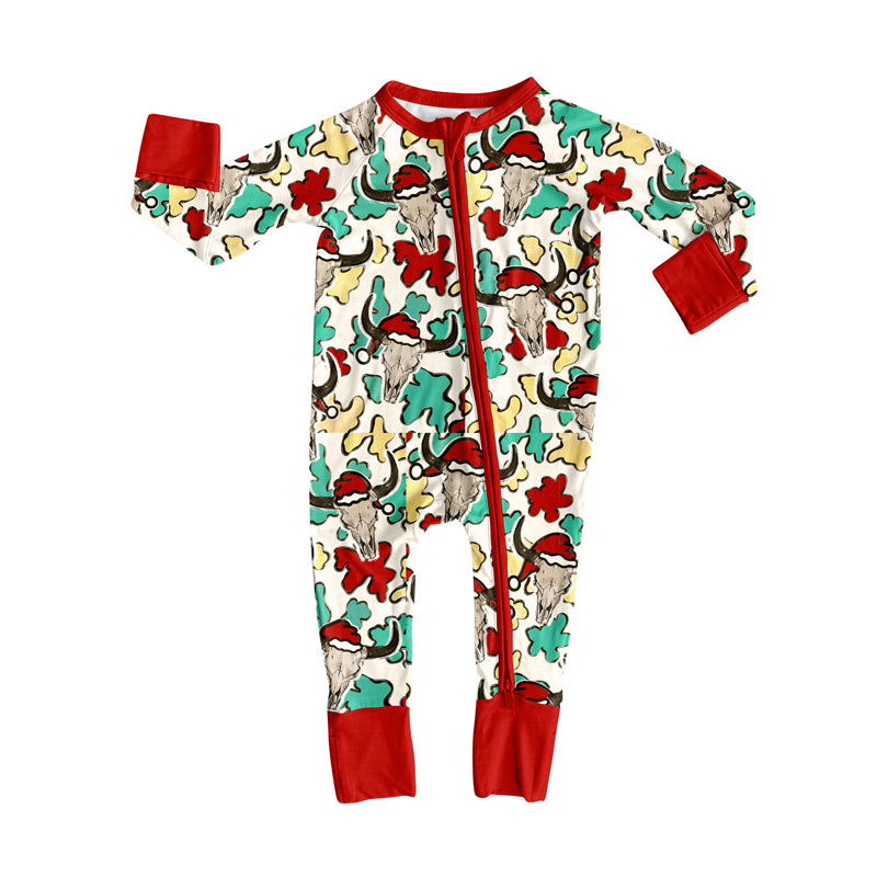 Preorder (moq 20)Baby Boys Bamboo Red Yellow Camo Hats Bull Skulls Christmas Zippy Footie Rompers