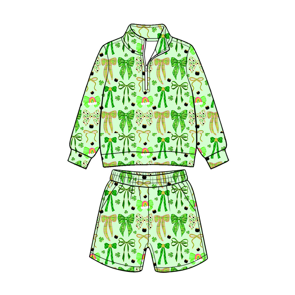 Preorder (moq 5) Baby Girl Clothes St Patrick Plaid Bow Rainbow Print Long Sleeve Quarter Zip Top Short Set