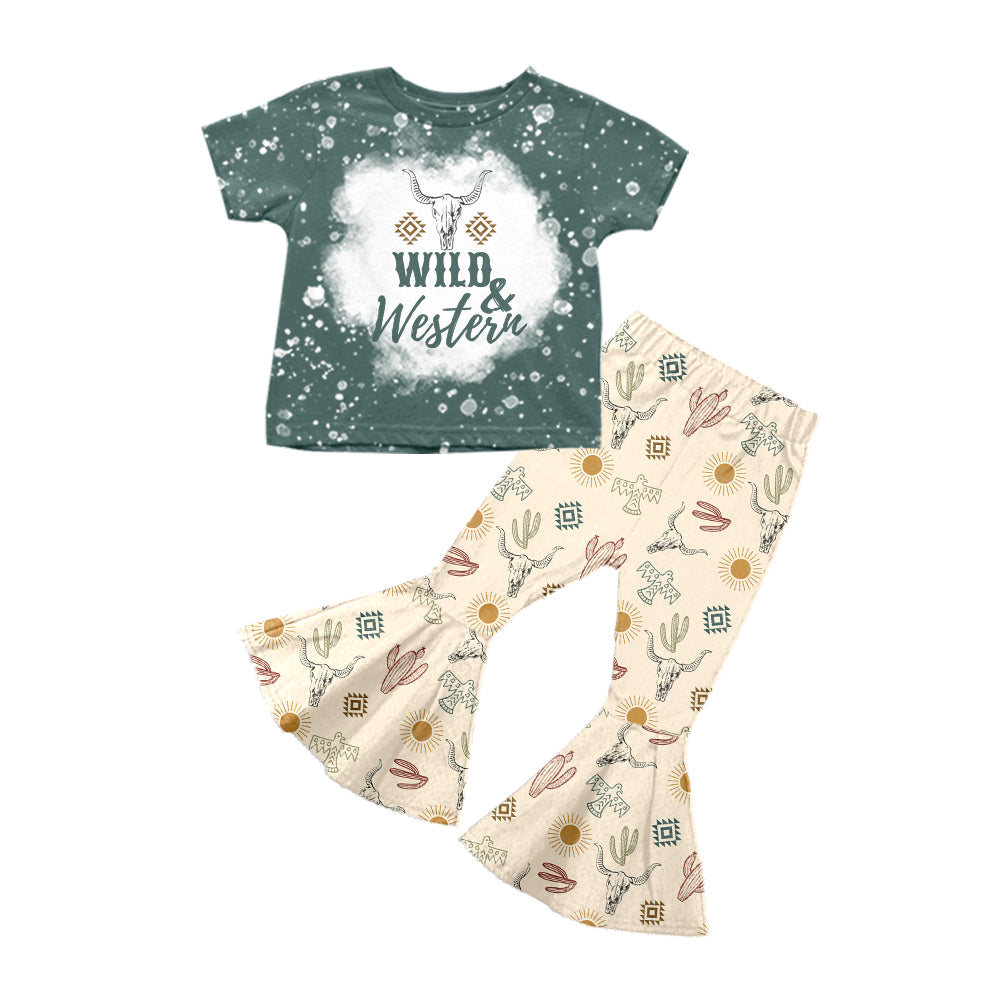 Baby Girls Wild Western Cow Top Cactus Bell Pants Clothes Sets Preorder(moq 5)